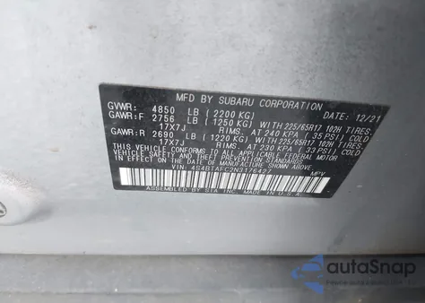 2022 Subaru Outback Premium z USA, uszkodzony, nr VIN 4S4BTAFC2N3176427